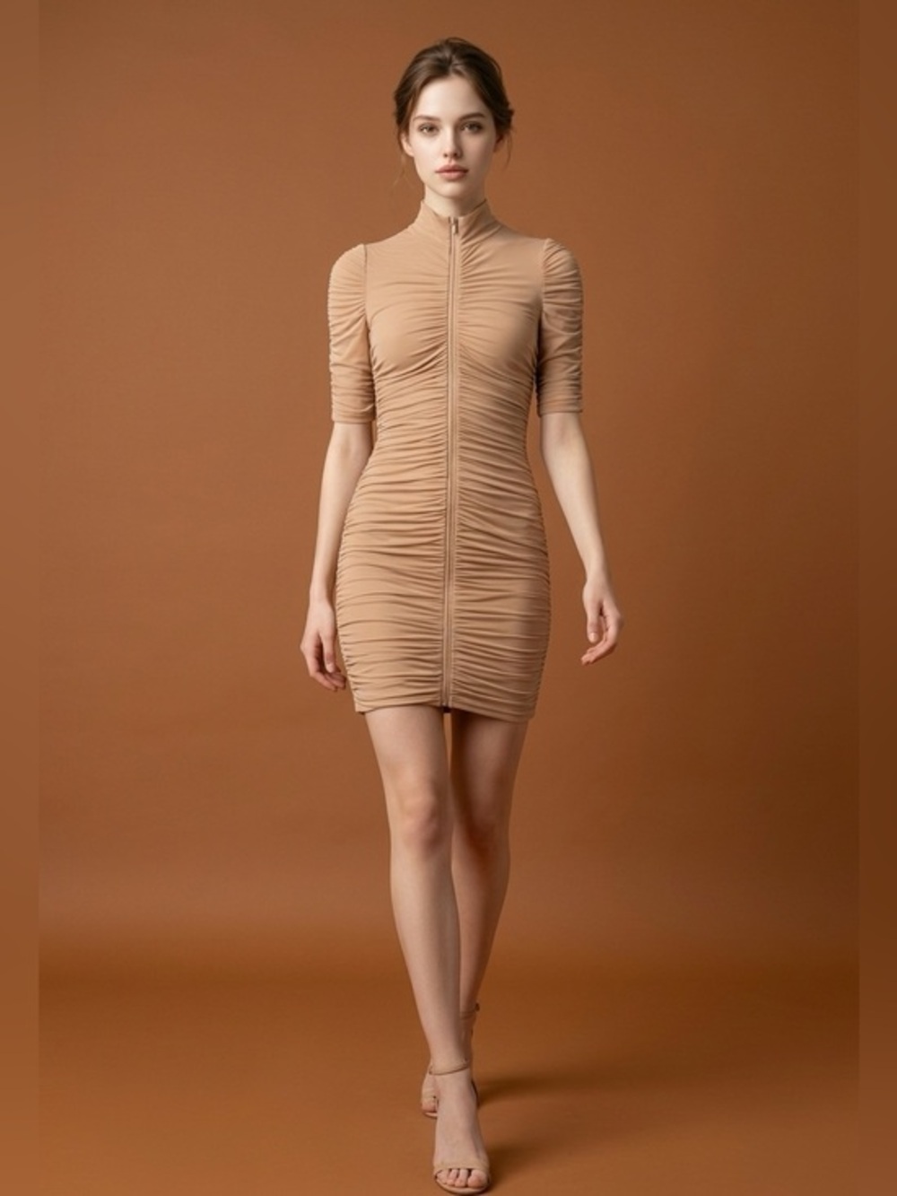 Black Halo Women's Meadow Mini Ruched Mesh Bodycon Honey Beige CLUB Dress 4